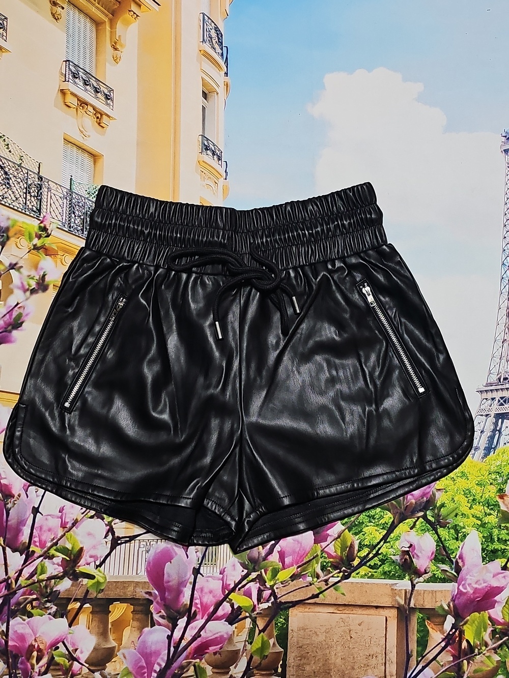 12th‎ Tribe Zippered Pockets Black High Waist Faux Leather Shorts Size Small